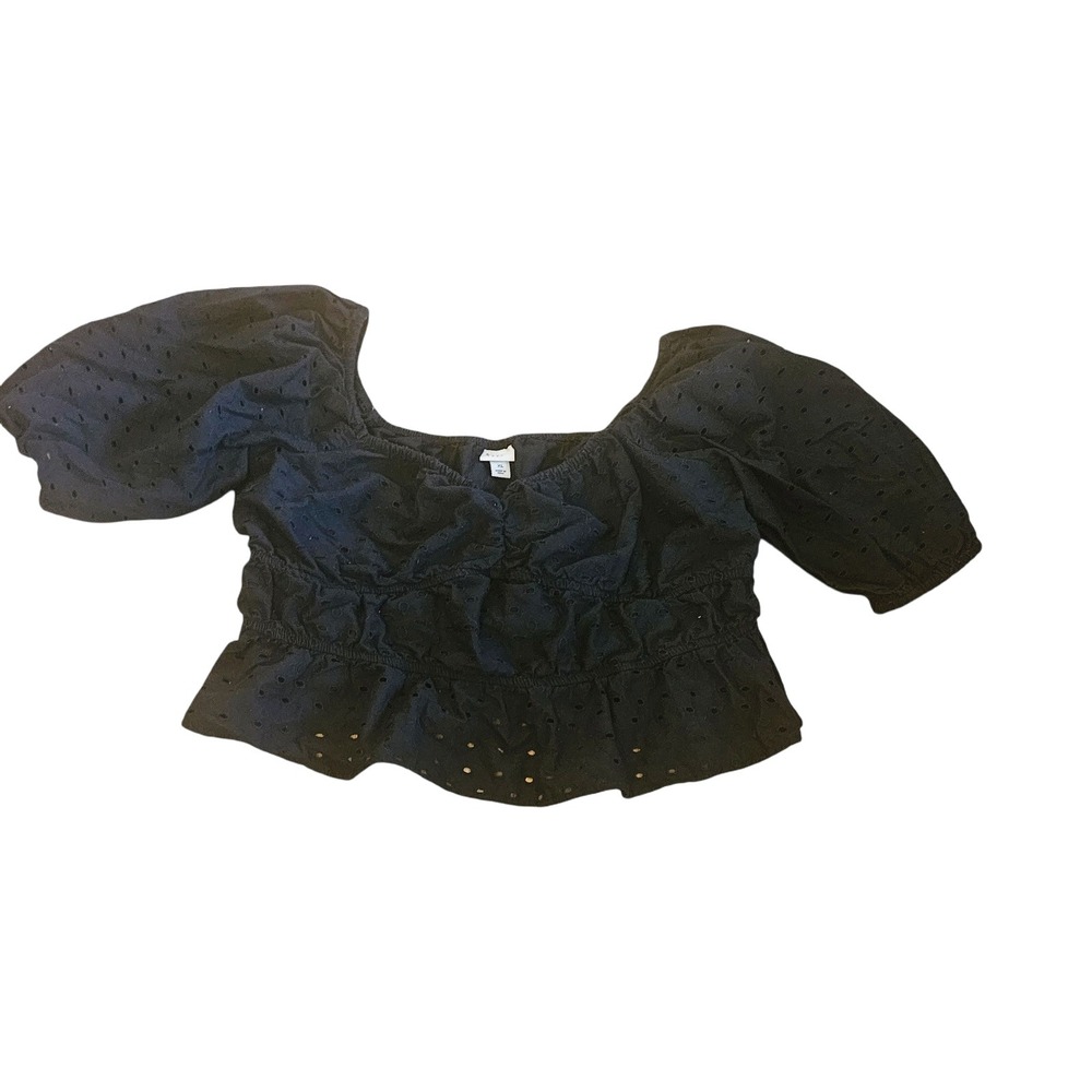 A New Day Black‎ Eyelet Puff Sleeve Crop Top Smocked Peplum Blouse XL